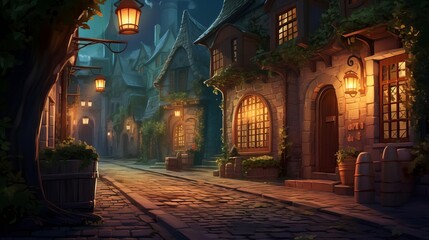 Fototapeta premium Atmospheric illustration of a quaint village street at night.