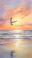 Naklejka premium Early morning on the beach with watercolor shades of lavender and soft gold.