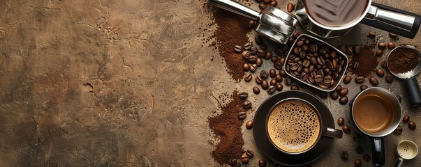 Barista tools, including a tamper, coffee beans, and espresso machine parts, on a cafe counter background Designed with text space on the bottom