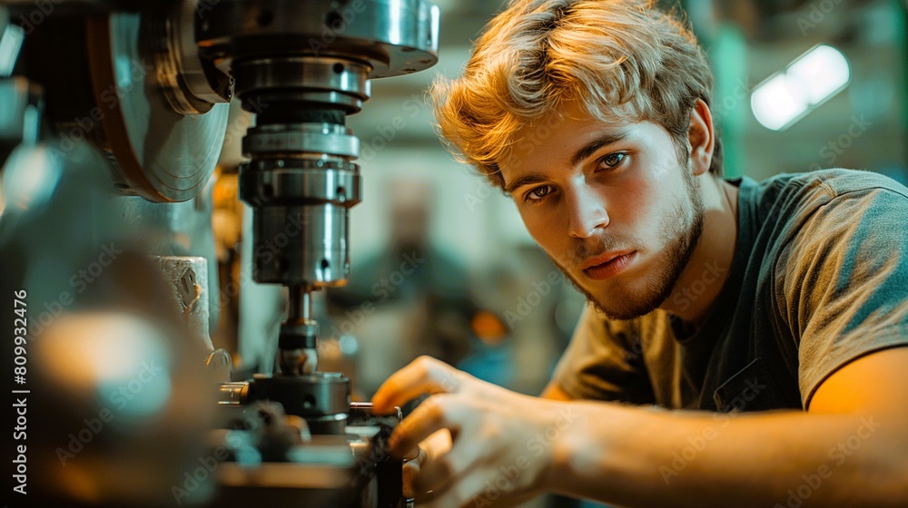 Poster a machinist carefully adjusts the settings on a cnc machine. generative ai illustration.
