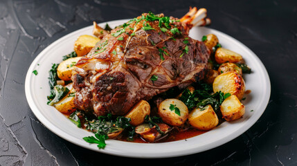 Delicious lamb peka with roasted potatoes and fresh parsley, a traditional croatian meal on a dark backdrop