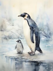 Mother penguin and chick standing on an icy landscape.