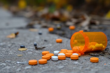 Medical waste, social issues, antidepressant pills spreaded on asphalt ground