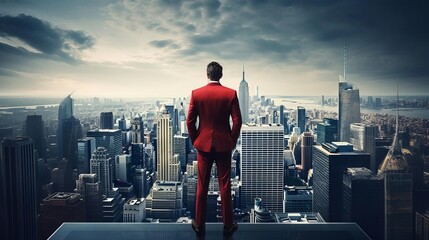 Fototapeta premium Powerful image of a business leader in a red suit standing confidently at the top of a skyscraper.