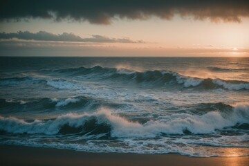 Sea or ocean waves at sunset, wet sand beach