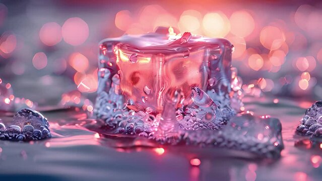 A detailed view of a single ice cube melting in a glass of water, showcasing the transition from solid to liquid state.