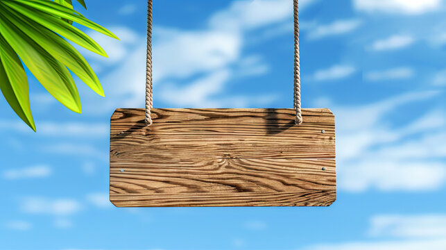 Wooden sign hanging on a rope against the sky