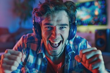 A man wearing headphones playing a video game. Suitable for gaming or technology concepts