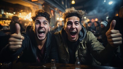 Two Excited Young Men Celebrating a Victory at a Sports Bar
