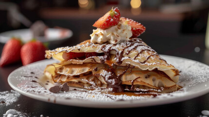 Delicious palachinke crepes topped with powdered sugar, fresh strawberries, whipped cream, and chocolate syrup on a pristine white plate