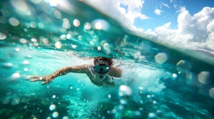 A person wearing a mask swimming in the ocean.