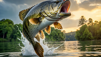 a dramatic moment of a large fish leaping out of the water, with its scales glistening in the sunlight and water droplets splashing around, set against a tranquil background of trees and a soft, golde - Powered by Adobe