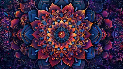 An intricate, vibrant mandala design, depicting a celestial view from a worms-eye perspective, suitable for fabric print Enhance the design with eco-friendly, reusable elements