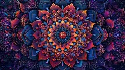 Verduisterende gordijnen An intricate, vibrant mandala design, depicting a celestial view from a worms-eye perspective, suitable for fabric print Enhance the design with eco-friendly, reusable elements © Chano_1_na