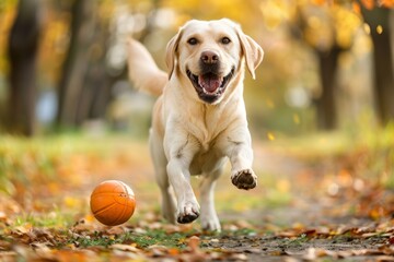 A joyful Labrador retriever runs energetically towards a ball in a sunny autumn park, showcasing vibrant fall colors and a playful spirit. Generated AI