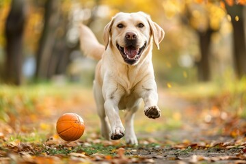 A joyful Labrador retriever runs energetically towards a ball in a sunny autumn park, showcasing...
