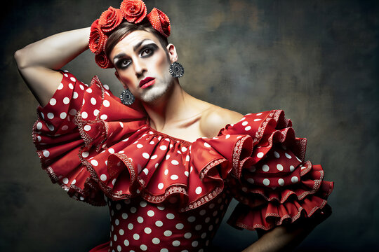 Drag Queen hombre con traje de gitana para la feria. Traje de flamenca en blanco y rojo. Artista vestido de flamenco para la fiesta sobre fondo oscuro.