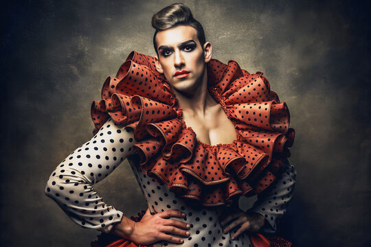 Drag Queen hombre con traje de gitana para la feria. Traje de flamenca en blanco y rojo. Artista vestido de flamenco para la fiesta sobre fondo oscuro.