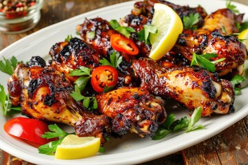 Spicy Jamaican Jerk Chicken Wings with Lemon Wedges: A Tasty Caribbean Chicken Appetizer Served 