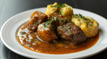 Traditional croatian beef stew with fluffy dumplings and fresh parsley on a white plate, showcasing european culinary heritage