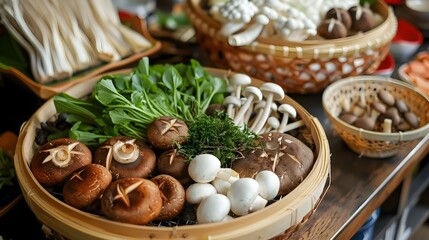 Fototapeta premium Rustic and Cozy Shabu-Shabu Feast with Variety of Fresh Vegetables and Mushrooms