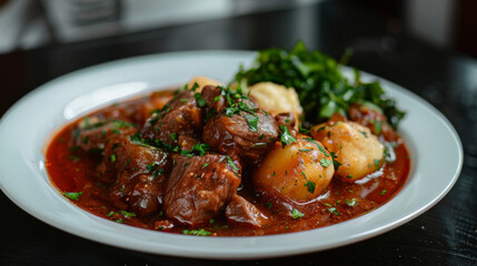 Fototapeta premium Authentic croatian stew with tender beef chunks, potato dumplings, rich tomato sauce, and fresh parsley, served on a white plate