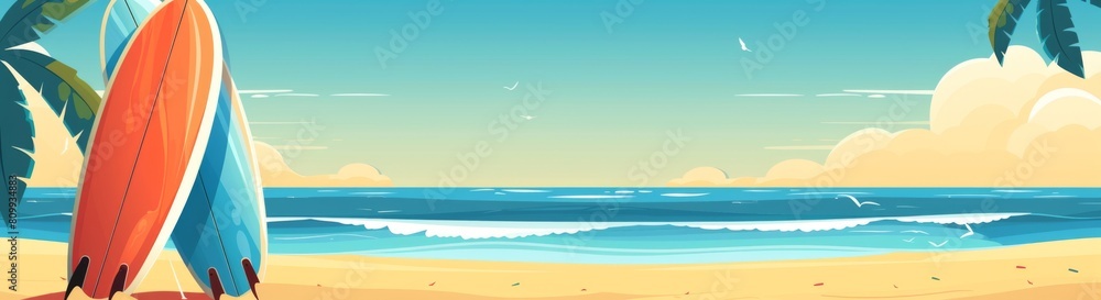 Poster coastal adventure: surfboards on beach vector illustration， website header with copy space