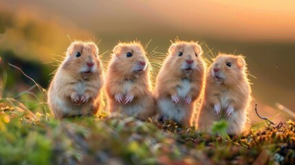 Steppe Lemmings in the Swedish Prairie. Horizontal Image of Adorable Rodents in Natural Habitat