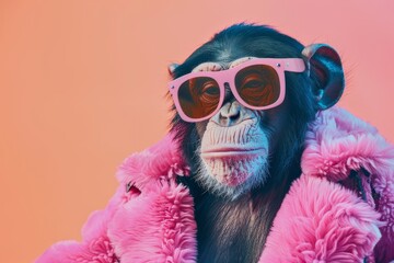 A chimpanzee wearing pink clothes and glasses against a pink background.