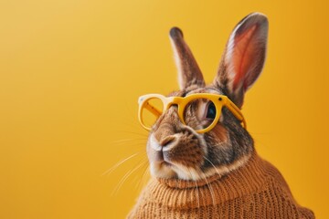 Rabbit with an orange sweater and yellow glasses in a yellow-coloured room.