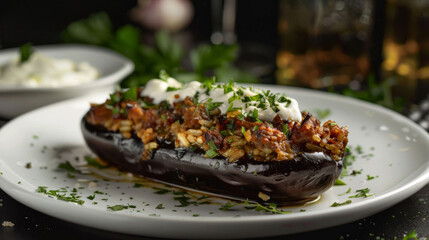 Succulent croatian stuffed eggplant garnished with herbs, onions, and a dollop of sour cream on a white plate - Powered by Adobe