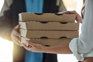 Hands, pizza and woman at front door with delivery man for online shopping, takeout supplier and...