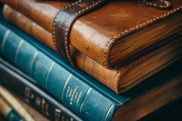 Leather-bound journal among academic books close-up on personal wisdom alongside formal education 