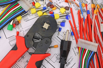 Electrical installation tools for work on the assembly of electrical equipment. Close-up.