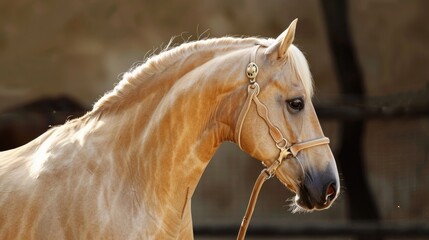 Stunning Palomino Quarter Horse Portrait in Western Halter at Country Show. Equine Excellence - obrazy, fototapety, plakaty