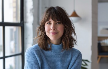 Chic Elegance: Attractive Woman in Blue Sweater for Interior Design Website