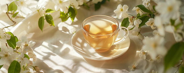 A calming arrangement, a cup of soothing jasmine tea and bright flowers, presented on a light...