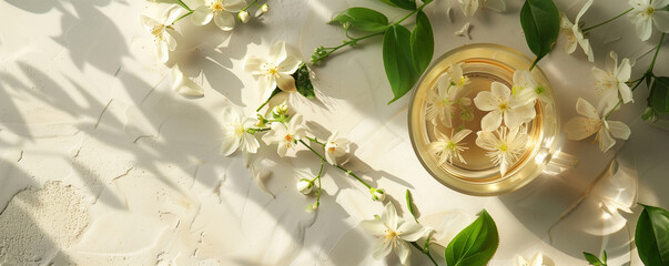 A serene painting showing a cup of fragrant jasmine tea and a variety of flowers against a light...