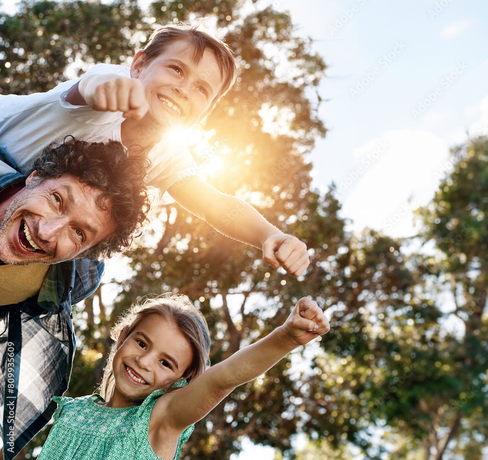 Poster Portrait, outdoor and father with children, sunshine and playful with happiness, bonding together and nature. Single parent, dad and daughter with son, fun and kids with weekend break, joy and summer