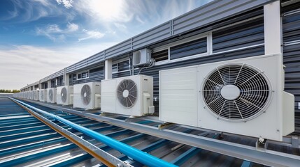 Air conditioning units mounted on the roof of an industrial building, typically used in HVAC systems