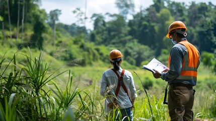 Environmental Impact Study in Lush Greenery:Scientists Surveying Land Before Excavation
