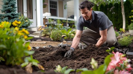 Homeowner Cultivating New Garden in Backyard Landscaping Project