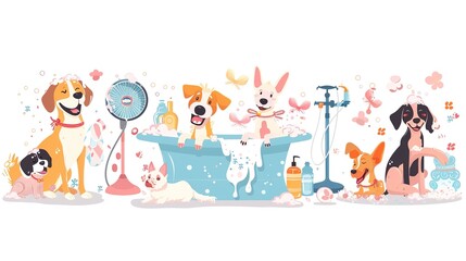 A joyful gathering of playful dogs enjoying a refreshing swim surrounded by bubbles and bath amenities