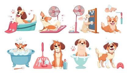 A joyful gathering of playful dogs enjoying a refreshing swim surrounded by bubbles and bath amenities