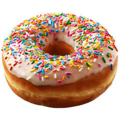 A delicious donut with white icing topped with rainbow sprinkles.