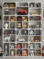Variety of charming toys neatly organized on a white shelving unit, featuring stuffed animals, miniature vehicles, building blocks, and whimsical figurines, perfect for a child's room or play area
