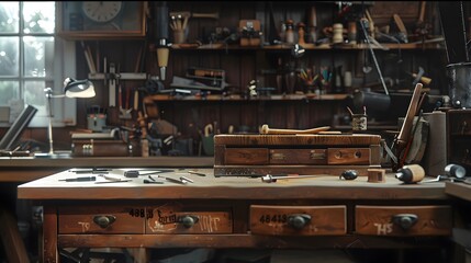 An empty placeholder on a workbench in a craftsman's workshop, with tools and finished products...