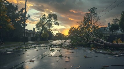 Dramatic Aftermath of Fierce Storm Uprooting Trees Across Suburban Street - Powered by Adobe