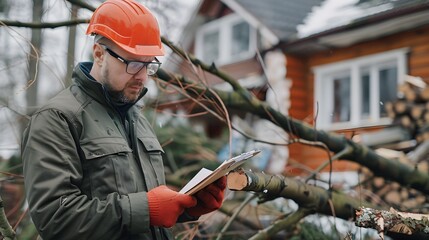 Worker Inspecting Damage to Property from Fallen Trees After Storm