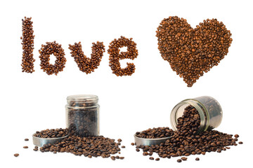 Set collection of roasted coffee beans on white background 